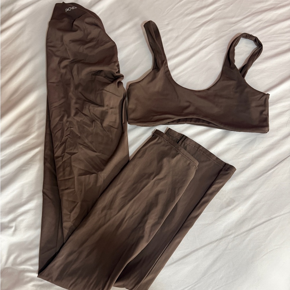 PcheeBum Small Brown Flare Leggings and Crop Top Set